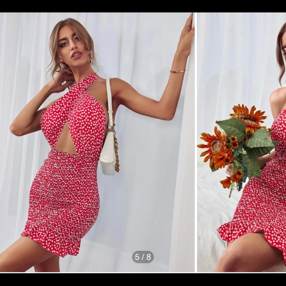 Shein open back red floral dress